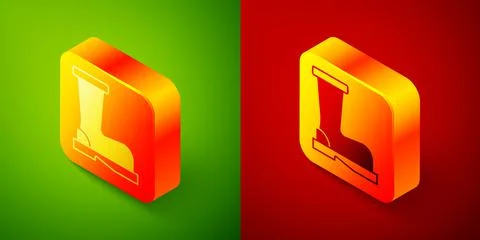 Isometric Fire boots icon isolated on green and red background. Square button Stock Illustration