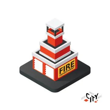 Isometric fire department flat icon isolated on white background, building ci Stock Illustration