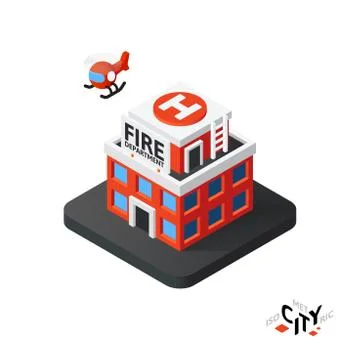 Isometric fire department flat icon isolated on white background, building ci Stock Illustration