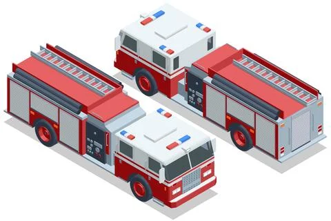 Isometric fire engine set with pumper trucks and hose gear Stock Illustration