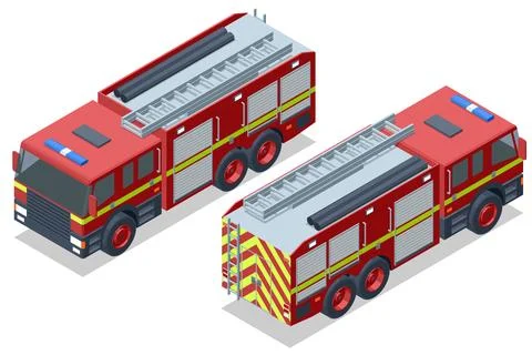Isometric fire engine set with side and rear views Stock Illustration
