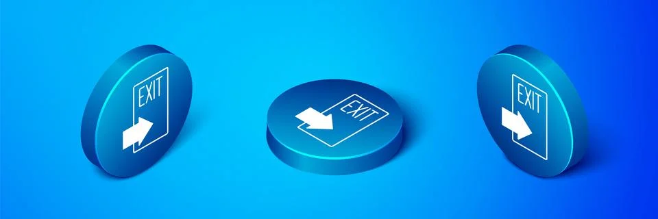 Isometric Fire exit icon isolated on blue background. Fire emergency icon. .. Ilustración de archivo