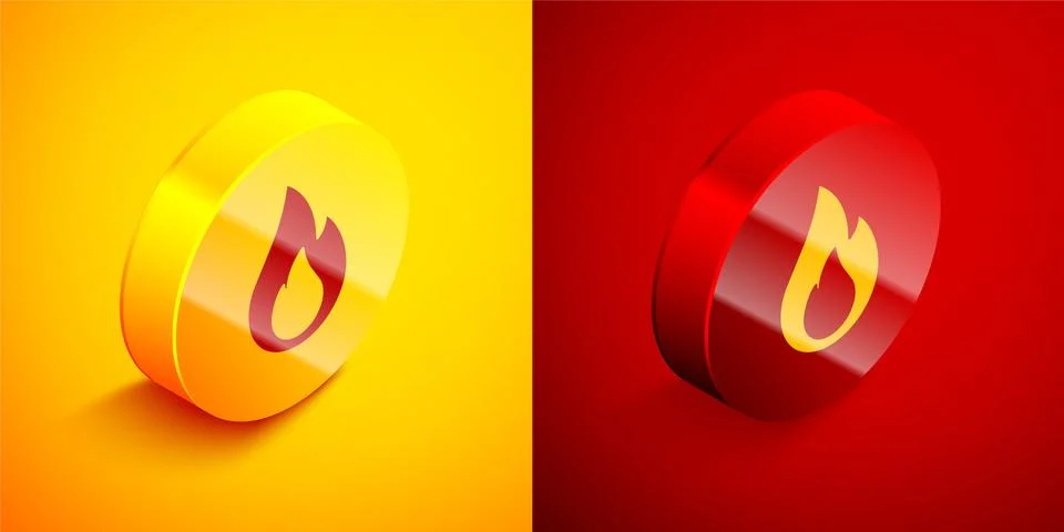Isometric Fire flame icon isolated on orange and red background. Circle button Stock Illustration