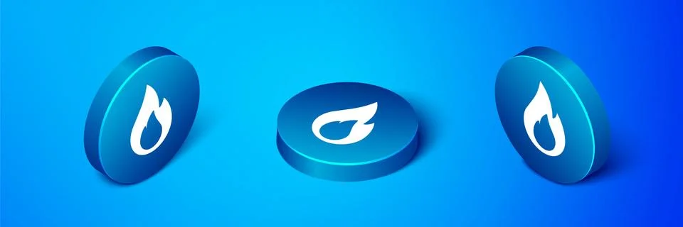 Isometric Fire flame icon isolated on blue background. Blue circle button Stock Illustration