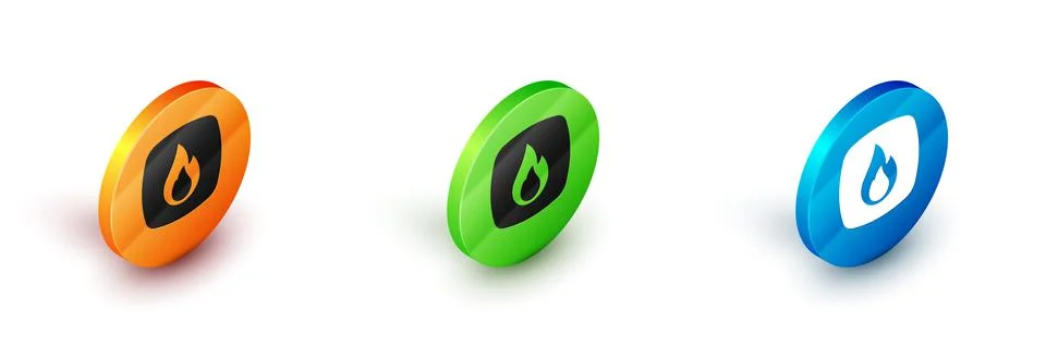 Isometric Fire flame icon isolated on white background. Circle button. Vector Stock Illustration