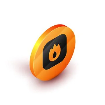Isometric Fire flame icon isolated on white background. Orange circle button Illustrazione stock