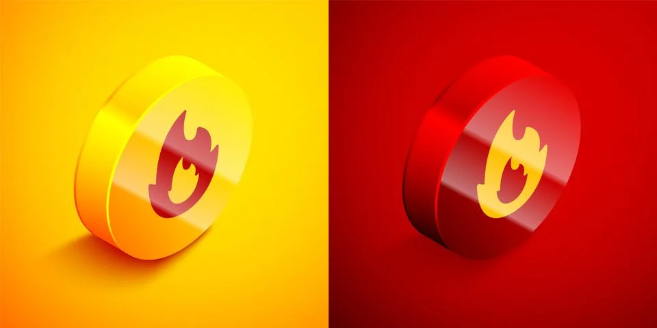 Isometric Fire flame icon isolated on orange and red background. Circle butto Stock Illustration