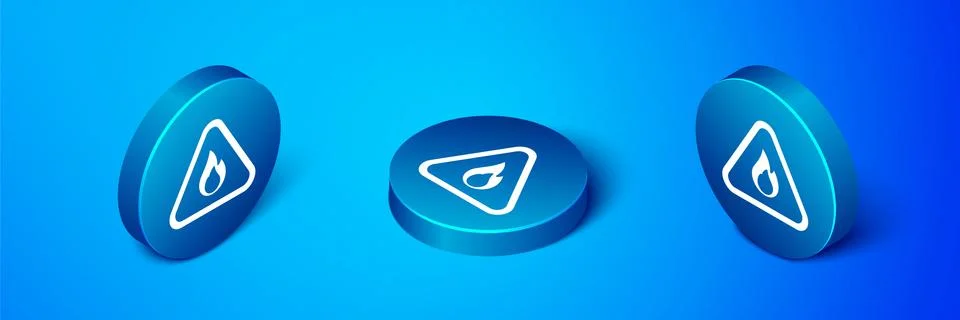 Isometric Fire flame in triangle icon isolated on blue background. Warning sign Stock Illustration