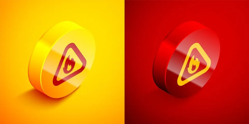 Isometric Fire flame in triangle icon isolated on orange and red background.. Stock Illustration