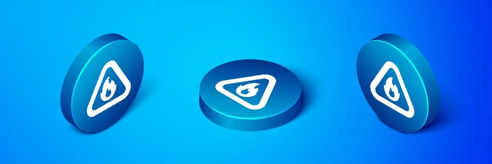 Isometric Fire flame in triangle icon isolated on blue background. Warning .. Stock Illustration