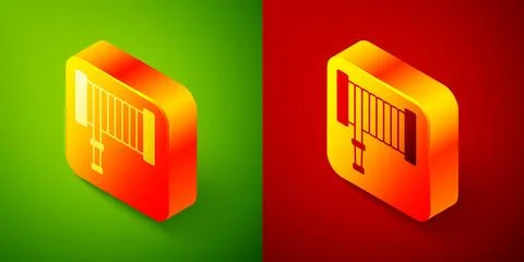 Isometric Fire hose reel icon isolated on green and red background. Square .. Stock Illustration
