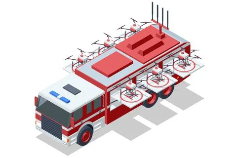 Isometric fire response truck with emergency drone fleet Stock Illustration