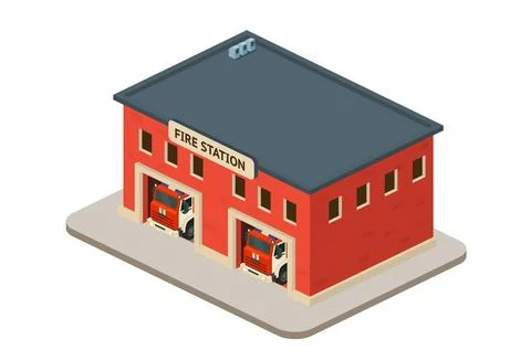 Isometric fire station building with fire trucks. Illustration of emergency.. Ilustración de archivo