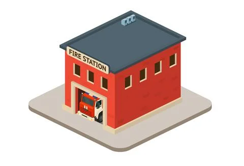 Isometric fire station building with fire truck. Illustration of emergency .. Ilustración de archivo