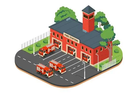 Isometric fire station with fire trucks and firefighters. Emergency rescue .. Stock Illustration