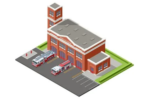 Isometric fire station with fire trucks and emergency service bays Stock Illustration