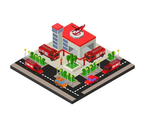 Isometric fire station illustrated in vector Stock Illustration