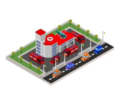 Isometric fire station illustrated in vector Stock Illustration