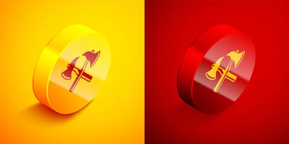 Isometric Firefighter axe icon isolated on orange and red background. Fire .. Stock Illustration