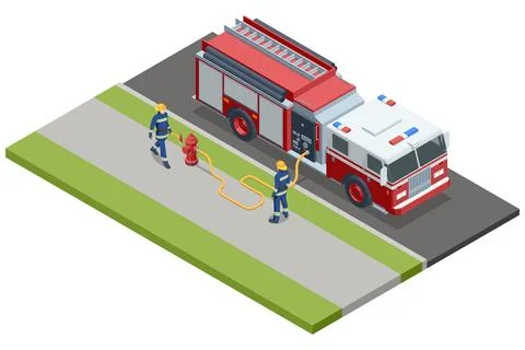 Isometric firefighters connecting hose to hydrant by fire truck Stock Illustration