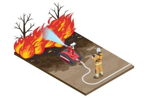 Isometric firefighting robot suppressing wildfire with remote water cannon Stock Illustration