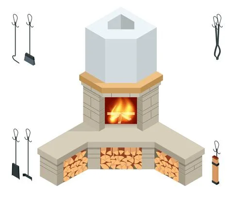 Isometric fireplace of brick, stone isolated on white. Fireplace for the Stock Illustration