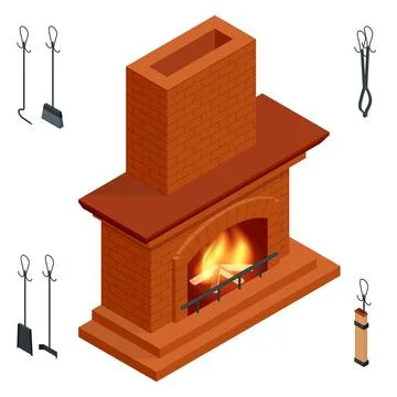 Isometric fireplace of brick, stone isolated on white. Fireplace for the Stock Illustration