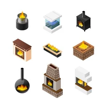 Isometric Fireplace Icon Set 库存插图