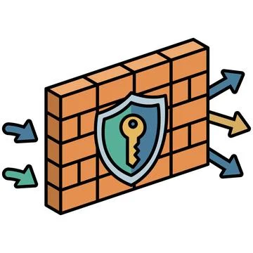 Isometric firewall brick wall with shield and key icon. 스톡 일러스트