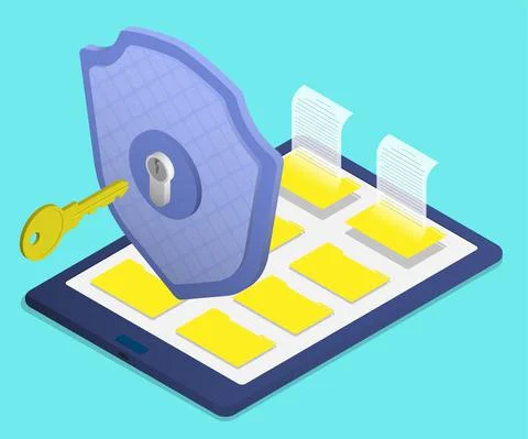 Isometric firewall shield with key protects digital tablet with archive of el Stock-Illustration