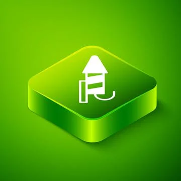 Isometric Firework rocket icon isolated on green background. Concept of fun p Stock Illustration
