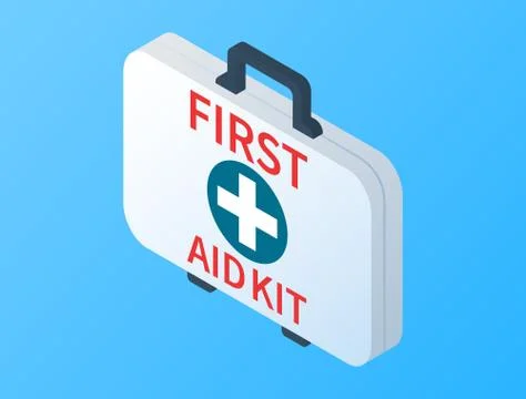 Isometric first aid kit isolated on blue background. Medical examination. Hea Stock Illustration