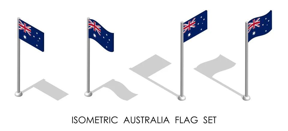 Isometric flag of AUSTRALIA in static position and in motion on flagpole. 3d  Stock Illustration
