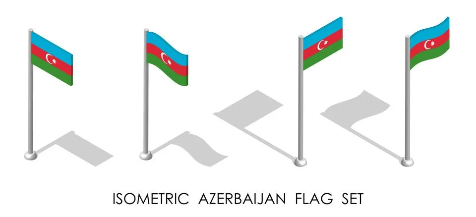 Isometric flag of AZERBAIJAN in static position and in motion on flagpole. 3d Illustrazione stock