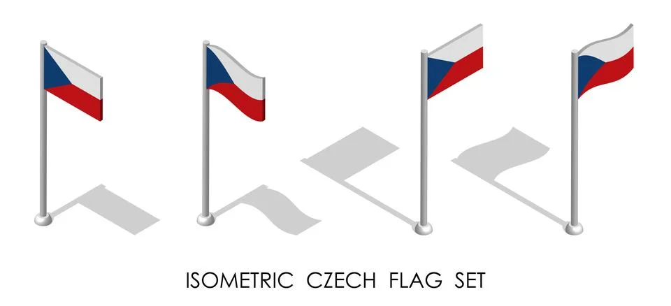 Isometric flag of CZECH in static position and in motion on flagpole. 3d vect Stock Illustration