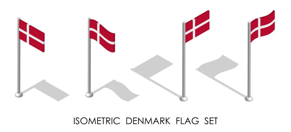 Isometric flag of DENMARK in static position and in motion on flagpole. 3d ve Illustrazione stock