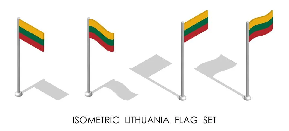 Isometric flag of LITHUANIA in static position and in motion on flagpole. 3d  Stock Illustration