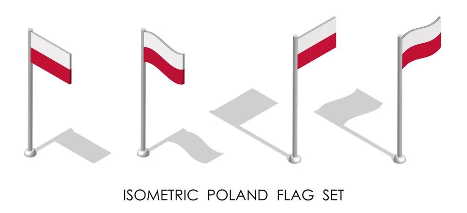 Isometric flag of POLAND in static position and in motion on flagpole. 3d vec Illustrazione stock