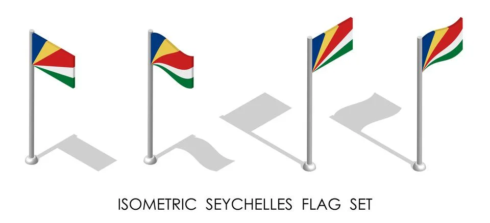 Isometric flag of SEYCHELLES in static position and in motion on flagpole. 3d Stock-Illustration
