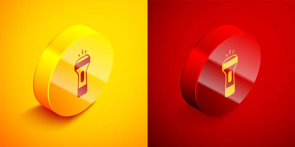 Isometric Flashlight icon isolated on orange and red background. Circle but.. Ilustração Stock