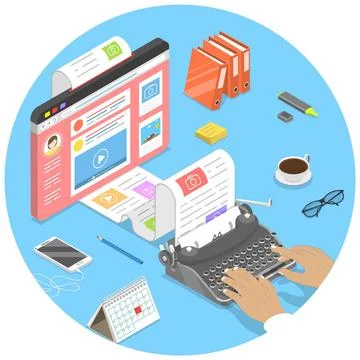 Isometric flat concept of creative business blogging, commercial blog post... Stock Photos