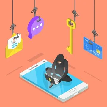 Isometric flat concept of phishing, computer virus, hacking, cyber attack.... Foto stock