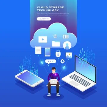 Isometric flat design concept cloud technology data transfer and storage. Con Stock Illustration