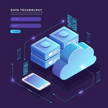 Isometric flat design concept cloud technology data transfer and storage. Con Stock Illustration