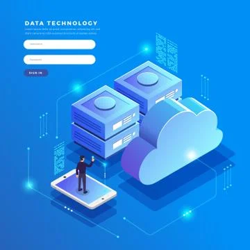 Isometric flat design concept cloud technology data transfer and storage. Con Stock Illustration