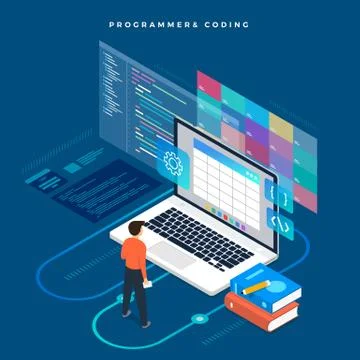 Isometric flat design concept programmer and coding. Vector illustration. Web Stock-Illustration