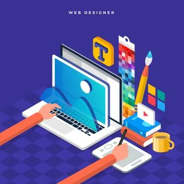 Isometric flat design concept web designer. Vector illustration. Website layo イラスト素材