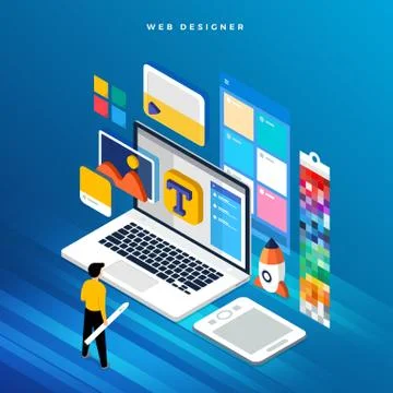 Isometric flat design concept web designer. Vector illustration. Website layo Stock Illustration