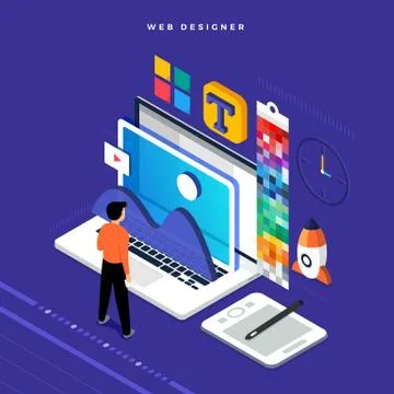 Isometric flat design concept web designer. Vector illustration. Website layo Stock Illustration