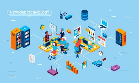 Isometric flat design illustration of network technology on business process, Stock Illustration